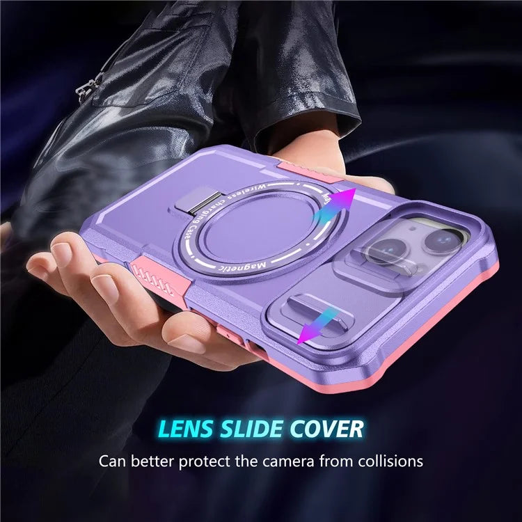 For iPhone 13 Camera Protection Case Magnetic Kickstand PC+TPU Phone Cover