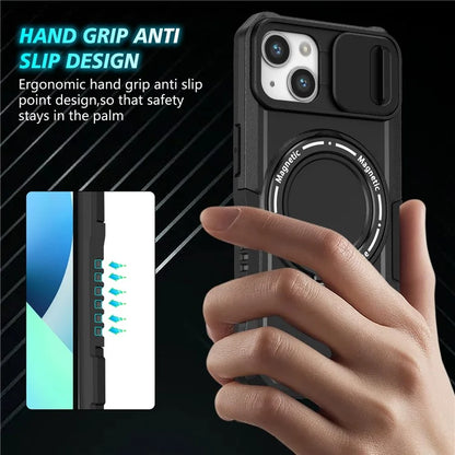 For iPhone 13 Camera Protection Case Magnetic Kickstand PC+TPU Phone Cover