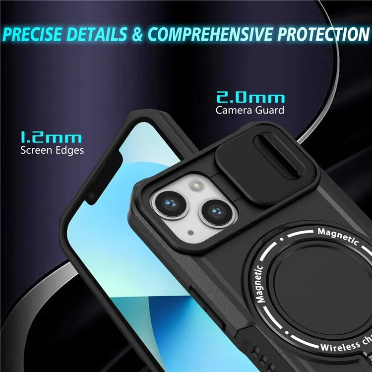 For iPhone 13 Camera Protection Case Magnetic Kickstand PC+TPU Phone Cover
