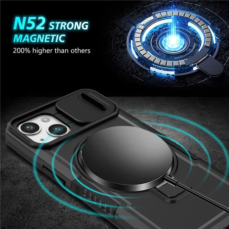 For iPhone 13 Camera Protection Case Magnetic Kickstand PC+TPU Phone Cover