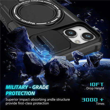 For iPhone 13 Camera Protection Case Magnetic Kickstand PC+TPU Phone Cover