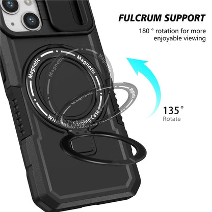 For iPhone 13 Camera Protection Case Magnetic Kickstand PC+TPU Phone Cover