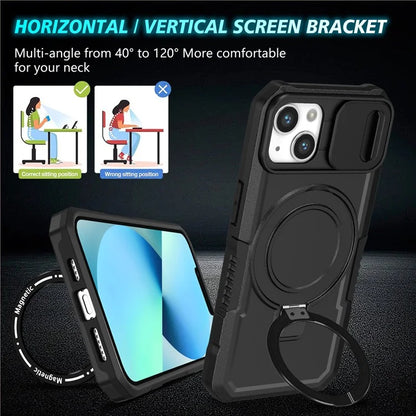 For iPhone 13 Camera Protection Case Magnetic Kickstand PC+TPU Phone Cover