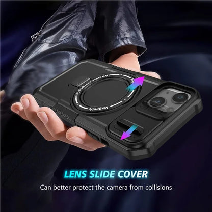 For iPhone 13 Camera Protection Case Magnetic Kickstand PC+TPU Phone Cover
