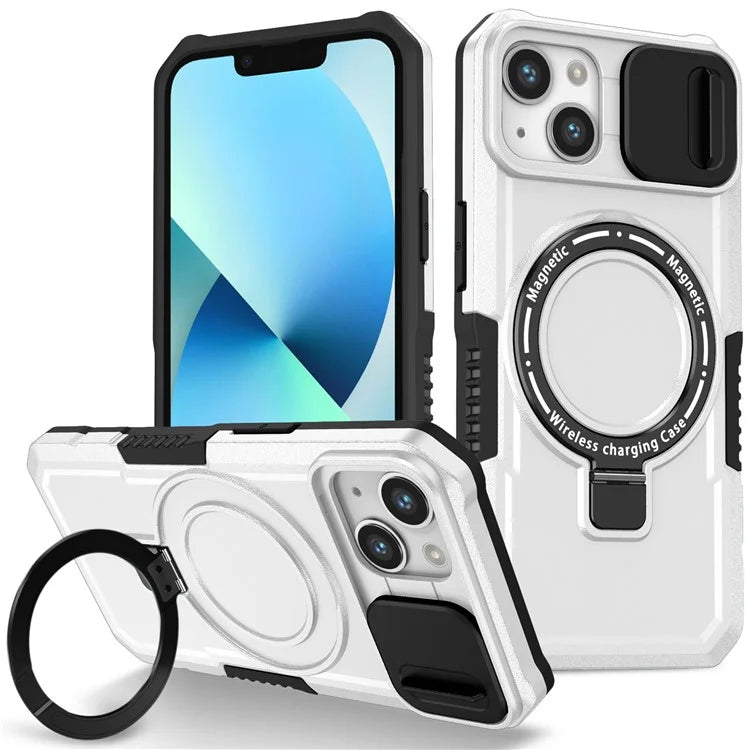 For iPhone 13 Camera Protection Case Magnetic Kickstand PC+TPU Phone Cover / White