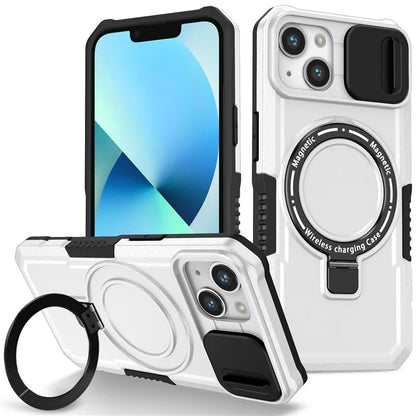 For iPhone 13 Camera Protection Case Magnetic Kickstand PC+TPU Phone Cover / White