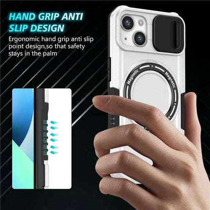 For iPhone 13 Camera Protection Case Magnetic Kickstand PC+TPU Phone Cover / White