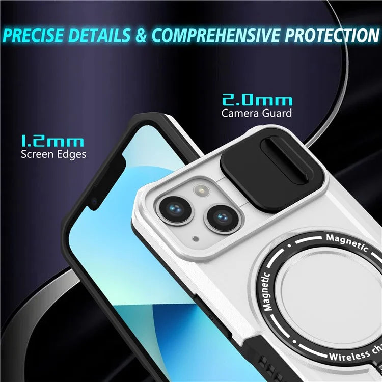 For iPhone 13 Camera Protection Case Magnetic Kickstand PC+TPU Phone Cover / White