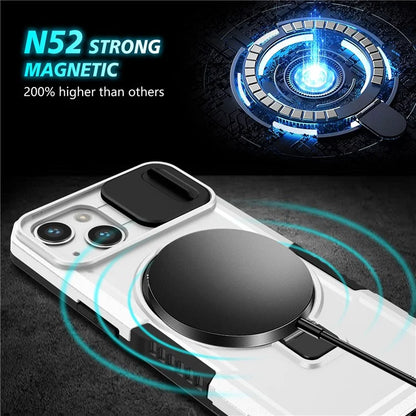 For iPhone 13 Camera Protection Case Magnetic Kickstand PC+TPU Phone Cover / White