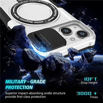 For iPhone 13 Camera Protection Case Magnetic Kickstand PC+TPU Phone Cover / White