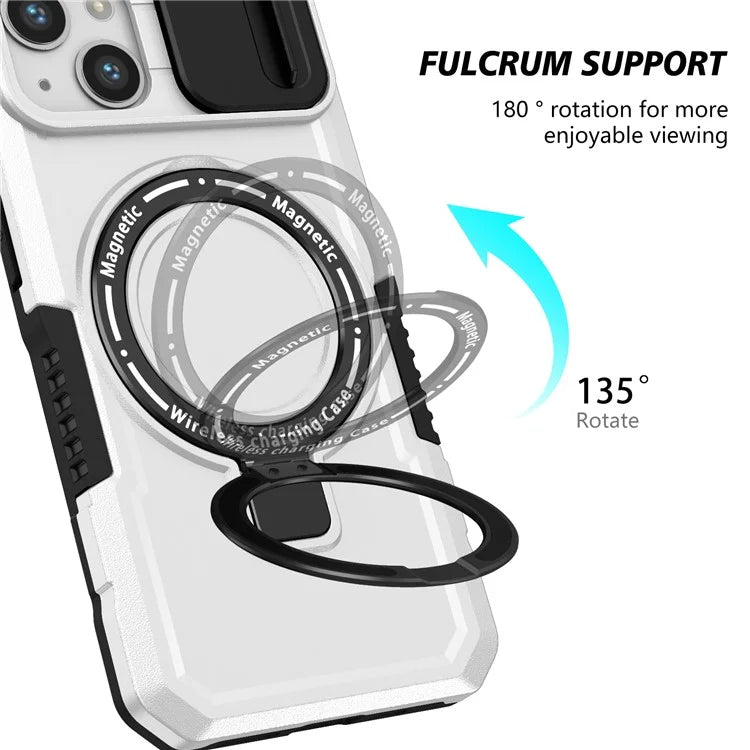 For iPhone 13 Camera Protection Case Magnetic Kickstand PC+TPU Phone Cover / White