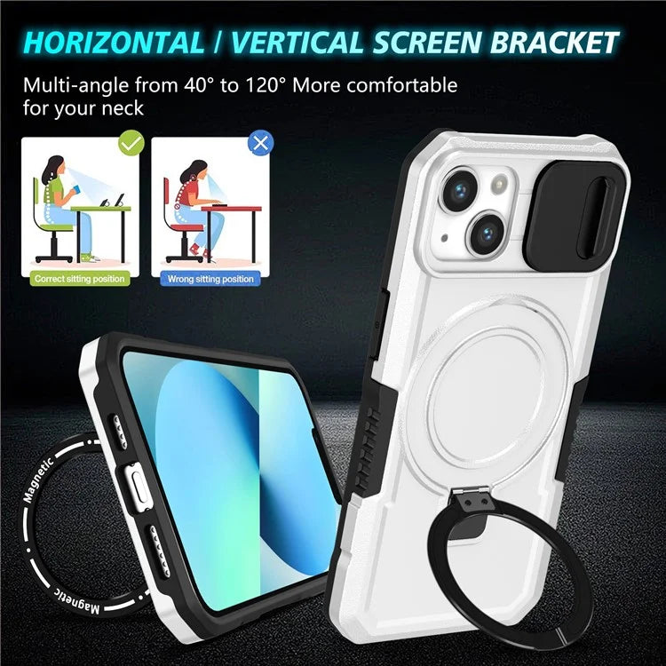 For iPhone 13 Camera Protection Case Magnetic Kickstand PC+TPU Phone Cover / White
