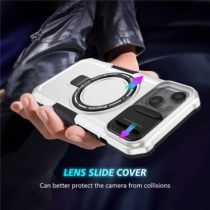 For iPhone 13 Camera Protection Case Magnetic Kickstand PC+TPU Phone Cover / White
