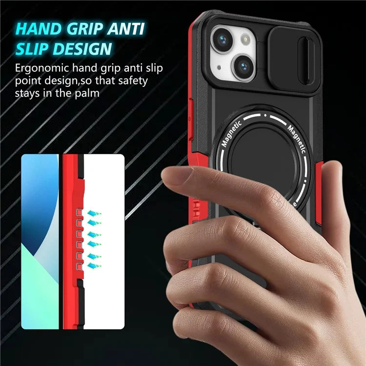 For iPhone 13 Camera Protection Case Magnetic Kickstand PC+TPU Phone Cover