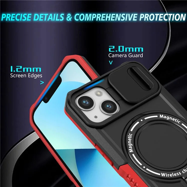 For iPhone 13 Camera Protection Case Magnetic Kickstand PC+TPU Phone Cover