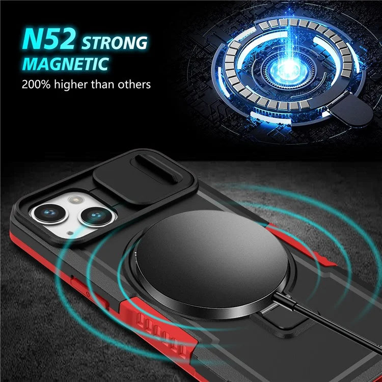 For iPhone 13 Camera Protection Case Magnetic Kickstand PC+TPU Phone Cover