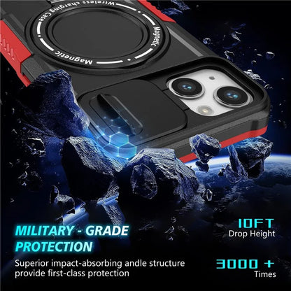 For iPhone 13 Camera Protection Case Magnetic Kickstand PC+TPU Phone Cover