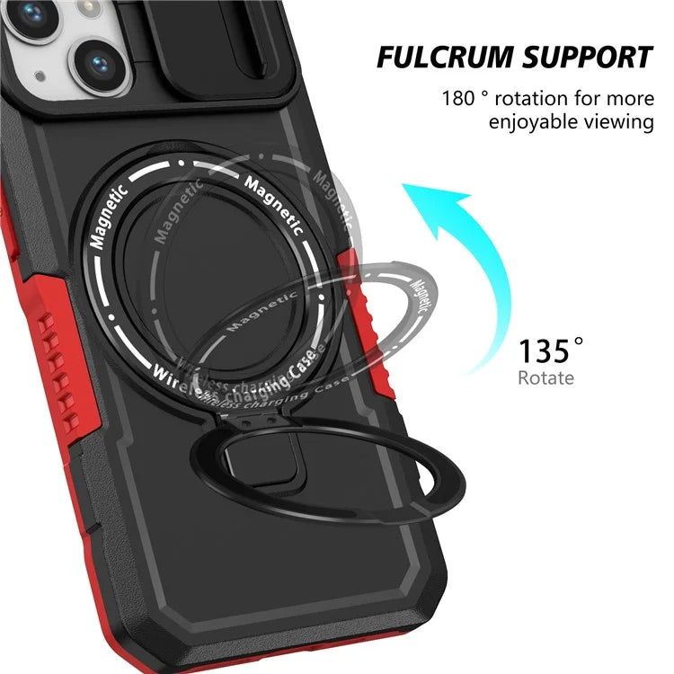 For iPhone 13 Camera Protection Case Magnetic Kickstand PC+TPU Phone Cover