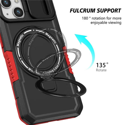 For iPhone 13 Camera Protection Case Magnetic Kickstand PC+TPU Phone Cover