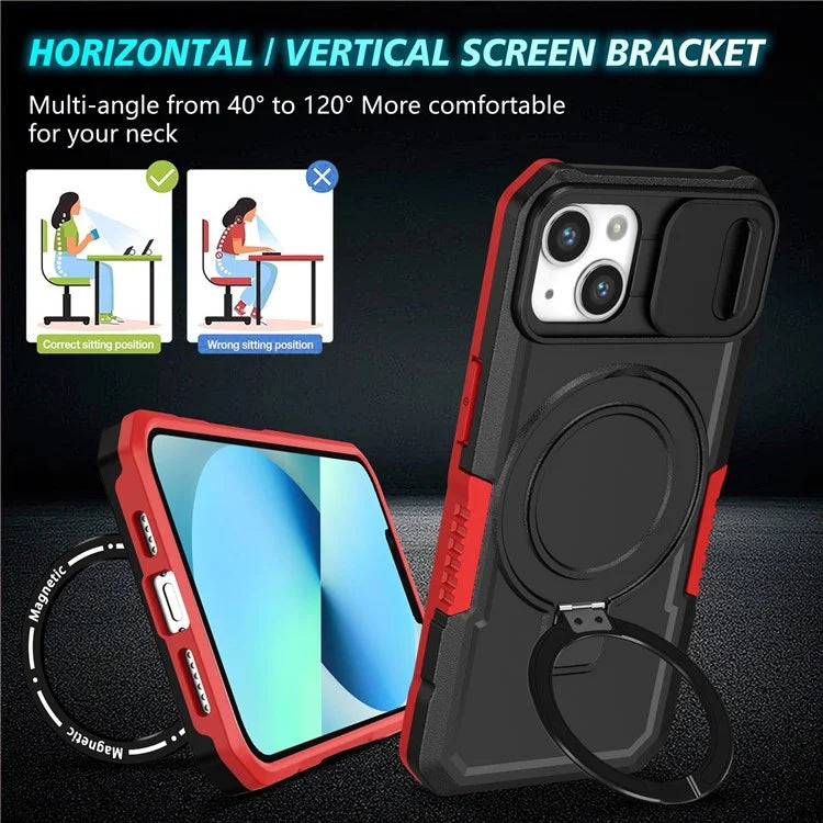 For iPhone 13 Camera Protection Case Magnetic Kickstand PC+TPU Phone Cover