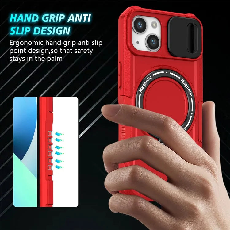 For iPhone 13 Camera Protection Case Magnetic Kickstand PC+TPU Phone Cover