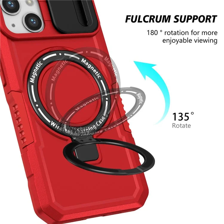 For iPhone 13 Camera Protection Case Magnetic Kickstand PC+TPU Phone Cover