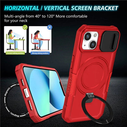 For iPhone 13 Camera Protection Case Magnetic Kickstand PC+TPU Phone Cover