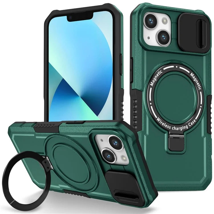 For iPhone 13 Camera Protection Case Magnetic Kickstand PC+TPU Phone Coverish Green