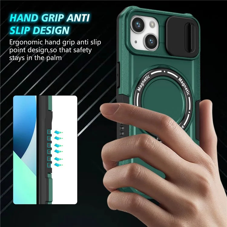 For iPhone 13 Camera Protection Case Magnetic Kickstand PC+TPU Phone Coverish Green