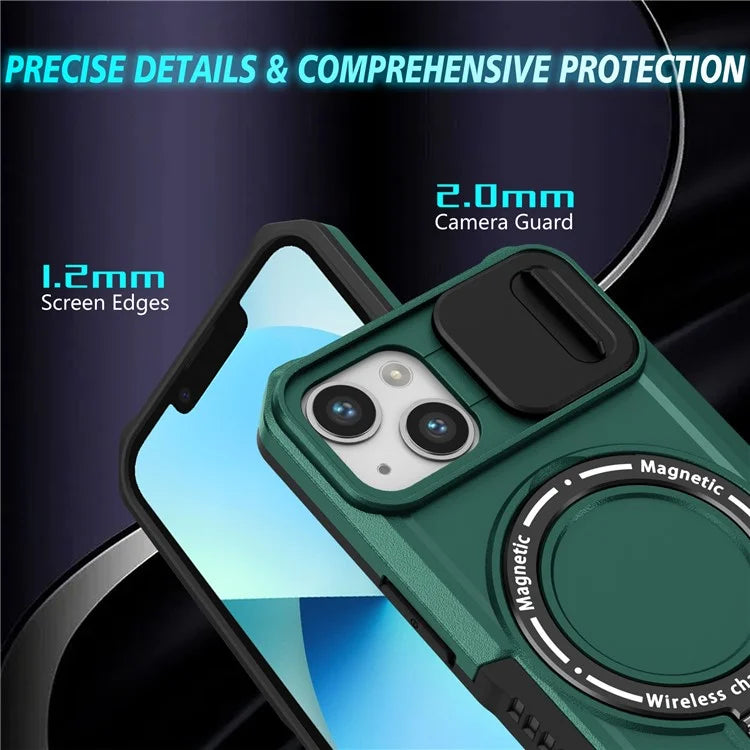 For iPhone 13 Camera Protection Case Magnetic Kickstand PC+TPU Phone Coverish Green