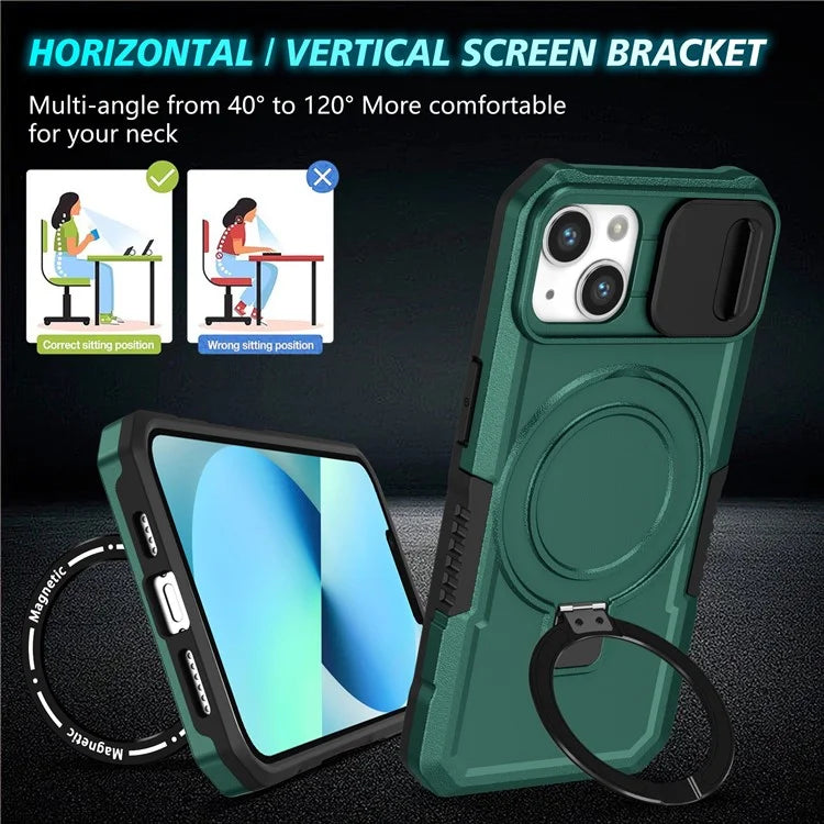 For iPhone 13 Camera Protection Case Magnetic Kickstand PC+TPU Phone Coverish Green