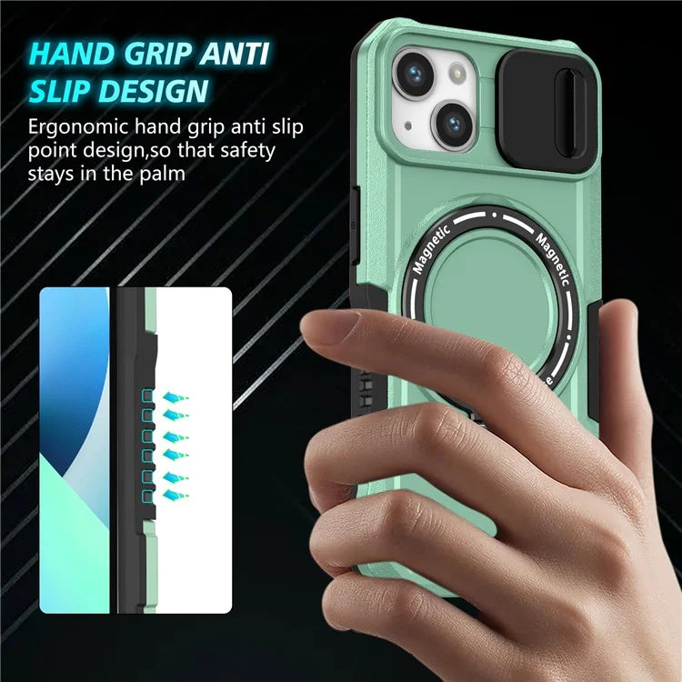 For iPhone 13 Camera Protection Case Magnetic Kickstand PC+TPU Phone Cover