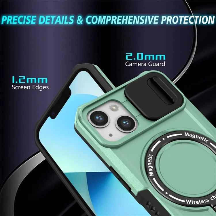 For iPhone 13 Camera Protection Case Magnetic Kickstand PC+TPU Phone Cover