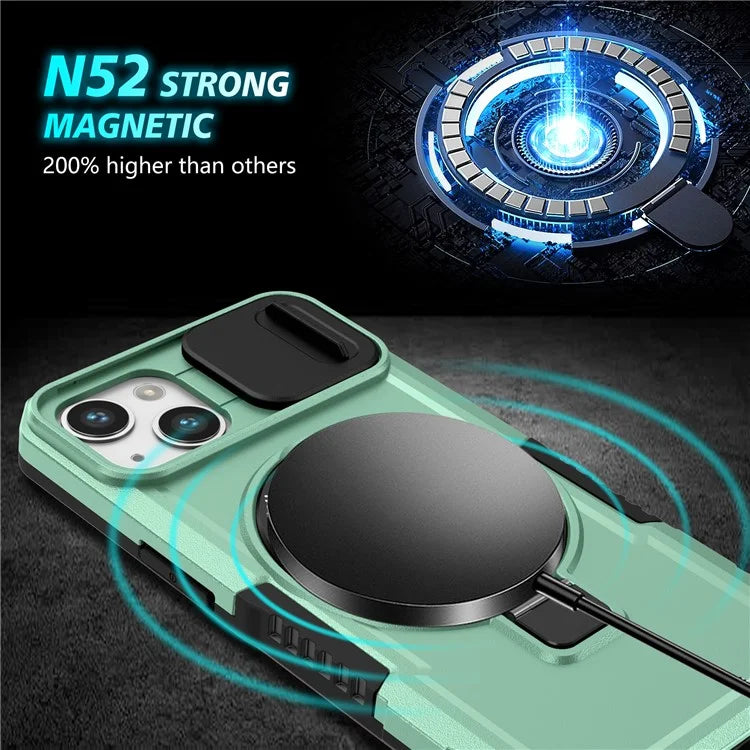 For iPhone 13 Camera Protection Case Magnetic Kickstand PC+TPU Phone Cover