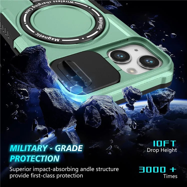 For iPhone 13 Camera Protection Case Magnetic Kickstand PC+TPU Phone Cover