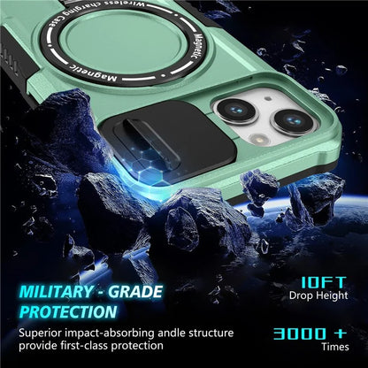 For iPhone 13 Camera Protection Case Magnetic Kickstand PC+TPU Phone Cover