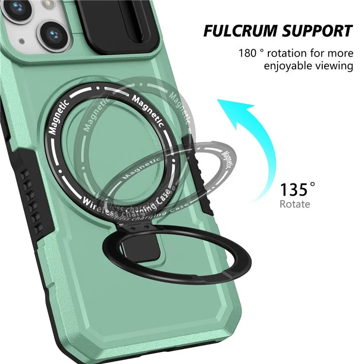 For iPhone 13 Camera Protection Case Magnetic Kickstand PC+TPU Phone Cover