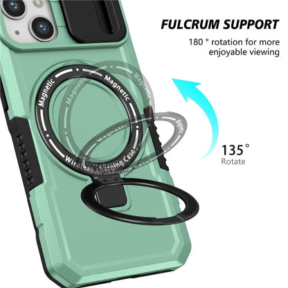 For iPhone 13 Camera Protection Case Magnetic Kickstand PC+TPU Phone Cover