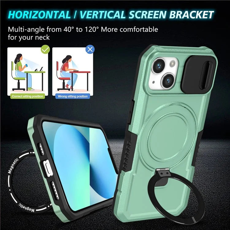 For iPhone 13 Camera Protection Case Magnetic Kickstand PC+TPU Phone Cover