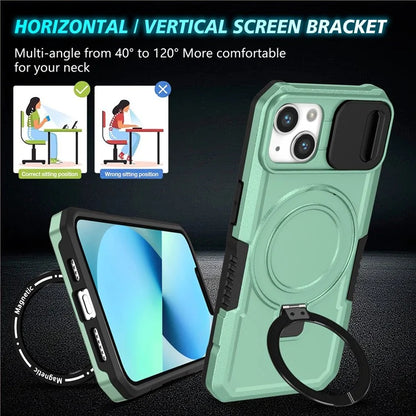 For iPhone 13 Camera Protection Case Magnetic Kickstand PC+TPU Phone Cover