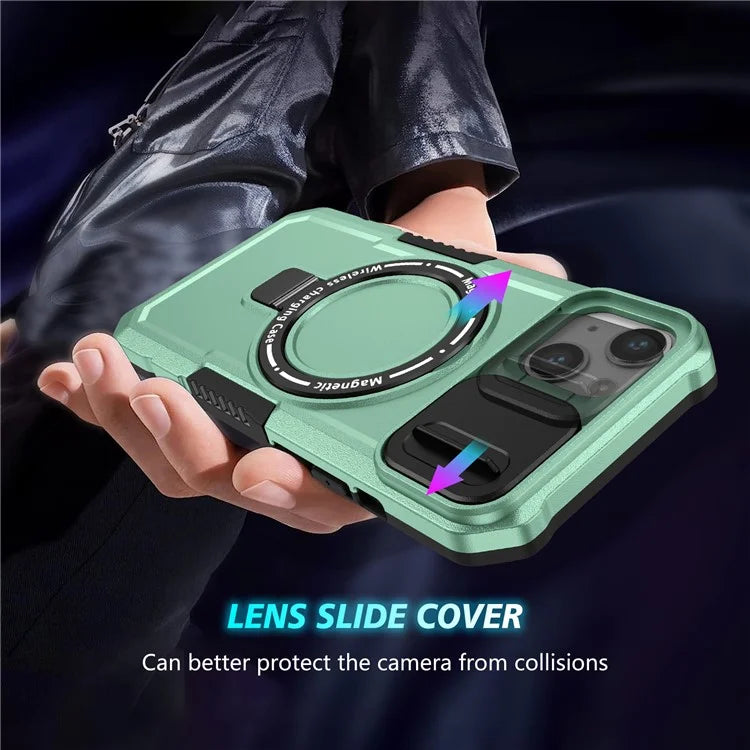 For iPhone 13 Camera Protection Case Magnetic Kickstand PC+TPU Phone Cover