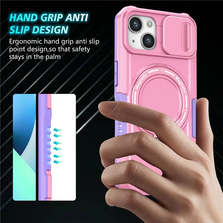 For iPhone 13 Camera Protection Case Magnetic Kickstand PC+TPU Phone Cover