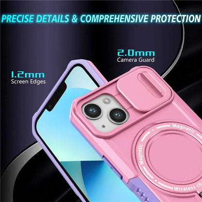 For iPhone 13 Camera Protection Case Magnetic Kickstand PC+TPU Phone Cover