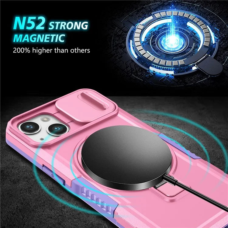For iPhone 13 Camera Protection Case Magnetic Kickstand PC+TPU Phone Cover