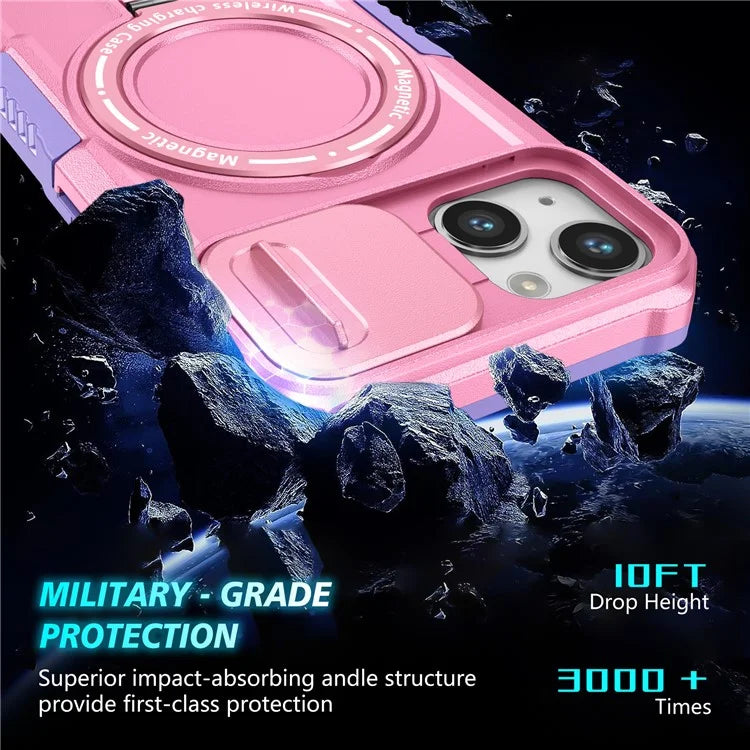 For iPhone 13 Camera Protection Case Magnetic Kickstand PC+TPU Phone Cover