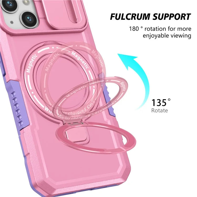 For iPhone 13 Camera Protection Case Magnetic Kickstand PC+TPU Phone Cover