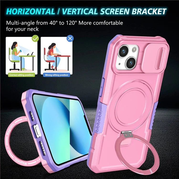 For iPhone 13 Camera Protection Case Magnetic Kickstand PC+TPU Phone Cover