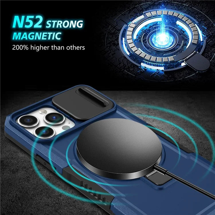 For iPhone 13 Pro Max 6.7 inch Magnetic Case with Sliding Camera Cover Kickstand Shockproof Phone Shell