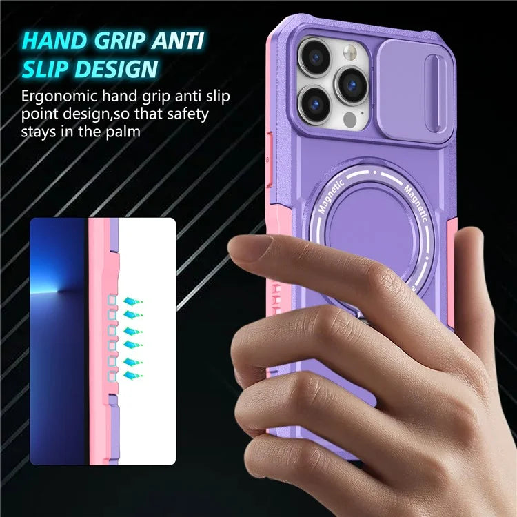 For iPhone 13 Pro Max 6.7 inch Magnetic Case with Sliding Camera Cover Kickstand Shockproof Phone Shell