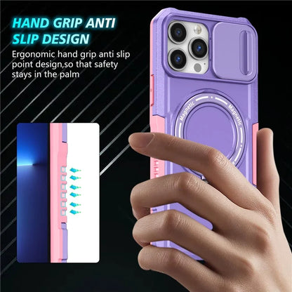 For iPhone 13 Pro Max 6.7 inch Magnetic Case with Sliding Camera Cover Kickstand Shockproof Phone Shell